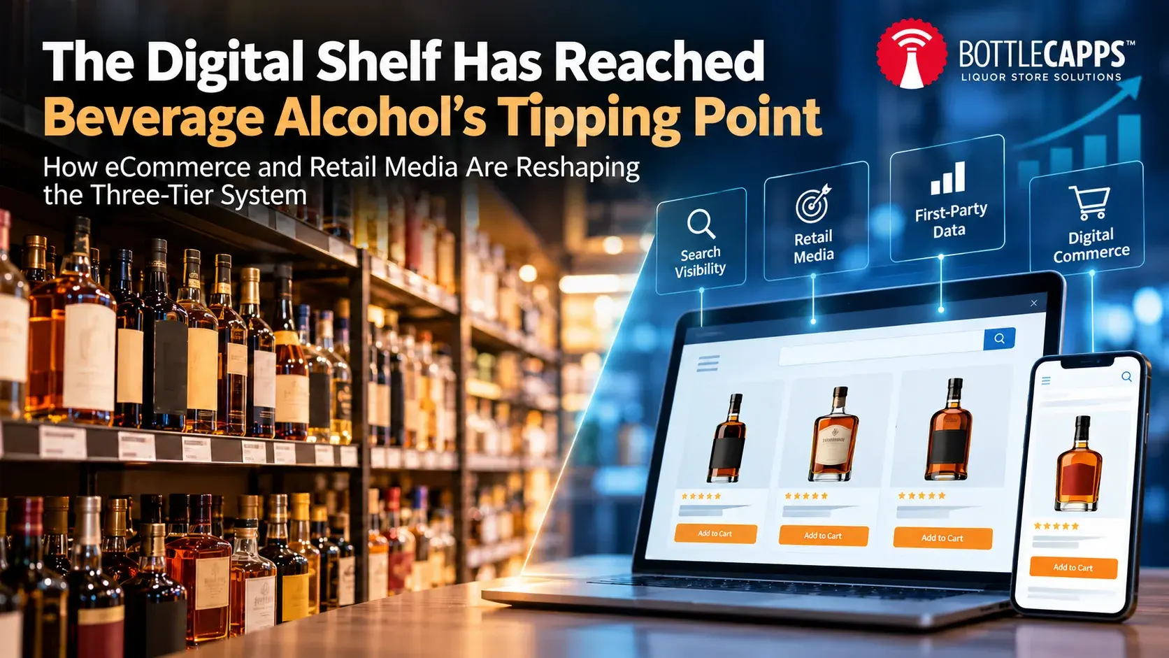 Beverage alcohol digital shelf showing liquor store products alongside online shopping, retail media, and digital commerce analytics.